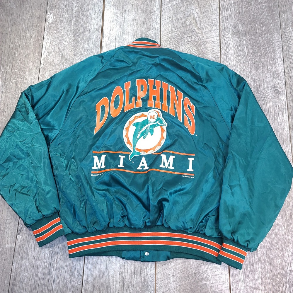 Locker Line Jacket Mens XL Teal Vintage 90s Miami Dolphins Satin Bomber Snap NFL